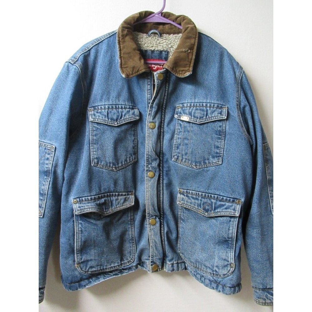 VTG Wrangler Hero Men's Denim Jacket Sherpa Lined Work Coat Corduroy Collar XL